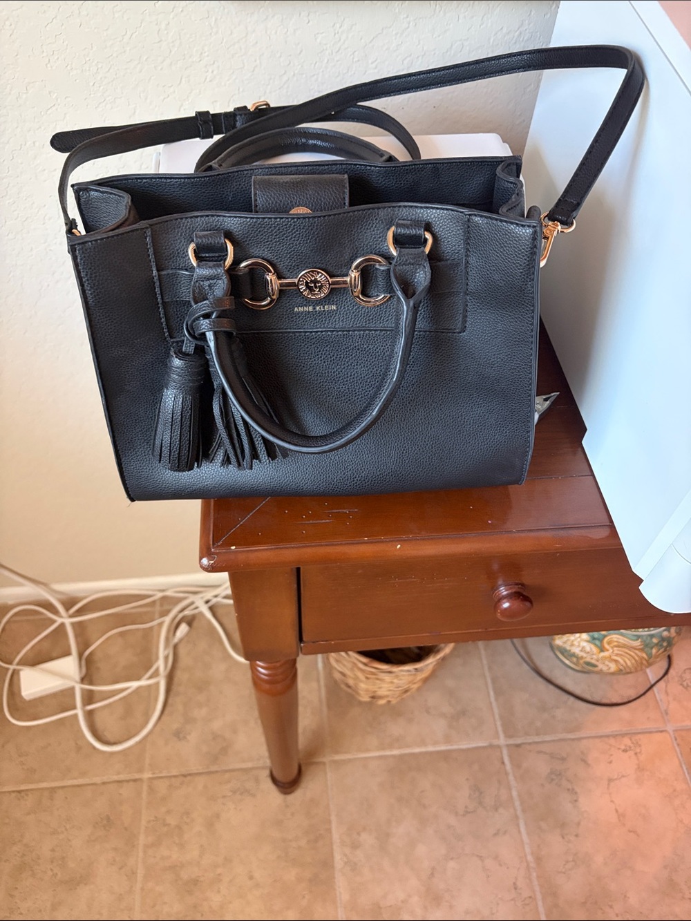 Anne Klein Black Pebbled Leather Satchel Tote with Tassel